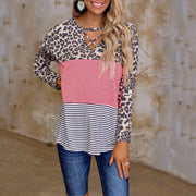 Fashion casual print hit leopard print stitching long sleeve V-neck casual T-shirt