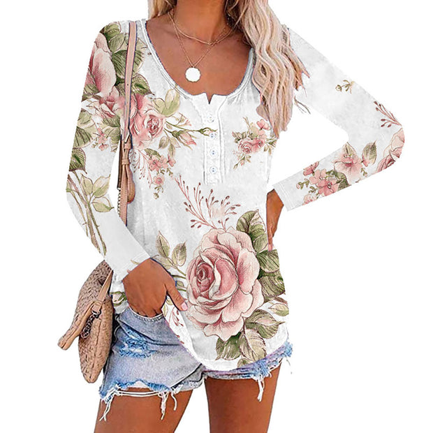 Long sleeve printed round neck button pullover T-shirt top