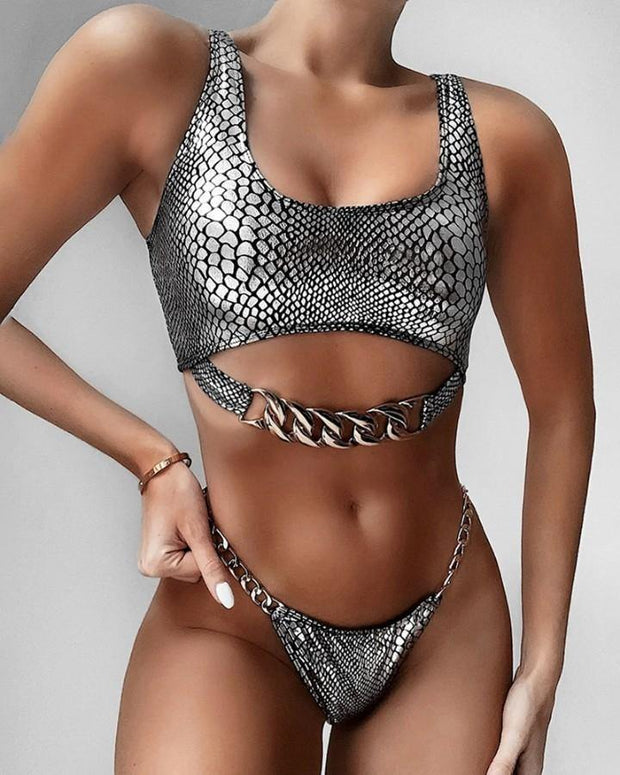 Snakeskin Print Chain Design Bikini Sets - Xmadstore