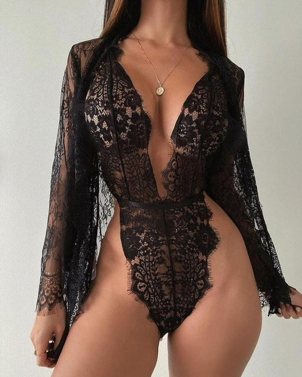 Contrast Lace Backless Cami Bodysuit With Sheer Mesh Coat