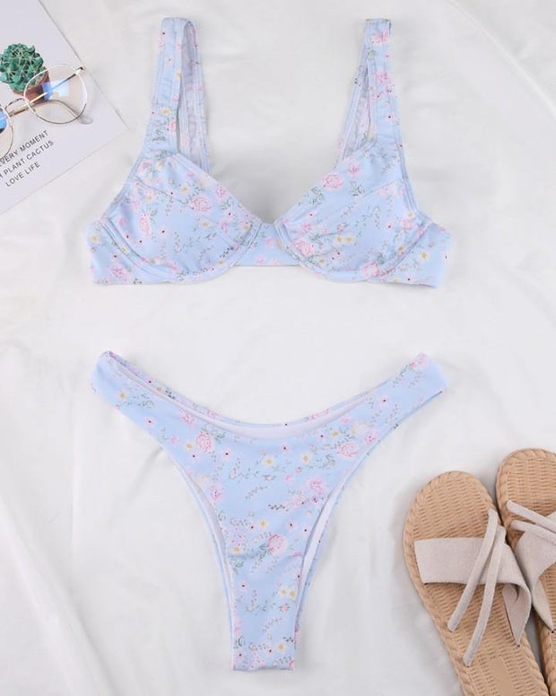 Floral Print Sleeveless Bra With Panties Bikini Sets - Xmadstore