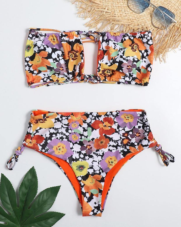 Floral Print Sleeveless Bandeau With Panties Bikini Sets - Xmadstore
