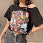 Personality trend loose asymmetrical strapless pin print cropped short sleeves