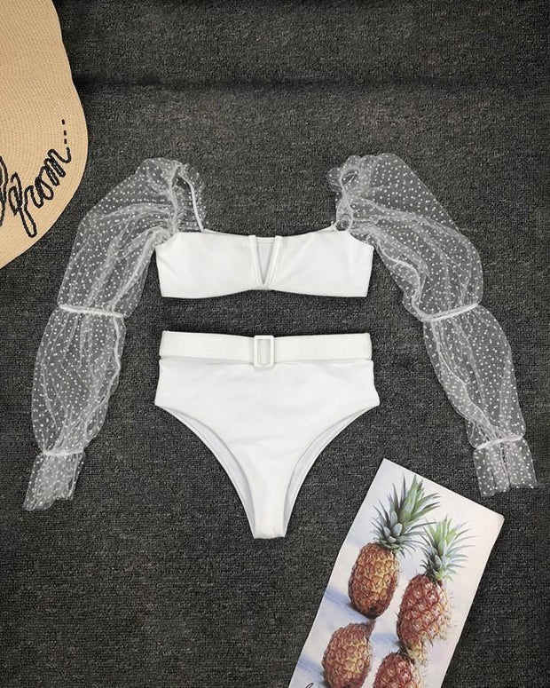 Sheer Mesh Long Sleeve Top & Bikini Set - Xmadstore