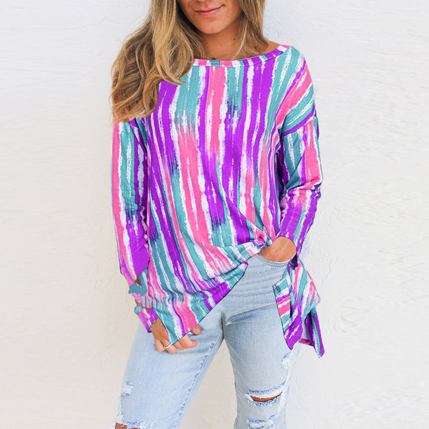 Fashion casual candy color stripe printing long-sleeved t-shirt women