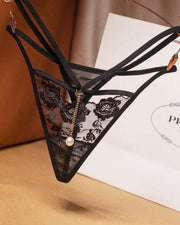 See-through Mesh Splicing Floral Embroidery Pearl Thong Panties - Xmadstore
