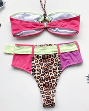 Halter Colorblock Leopard Print O Ring Bikini Set - Xmadstore