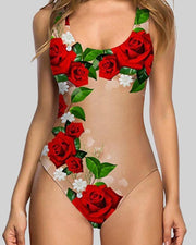 Rouge Rose Print Strap Sleeveless Skinny Cut-out One-piece Swimwear - Xmadstore