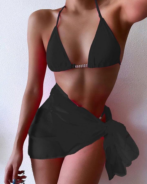 Solid Strap Bra With Panties And Apron Bikini Sets - Xmadstore