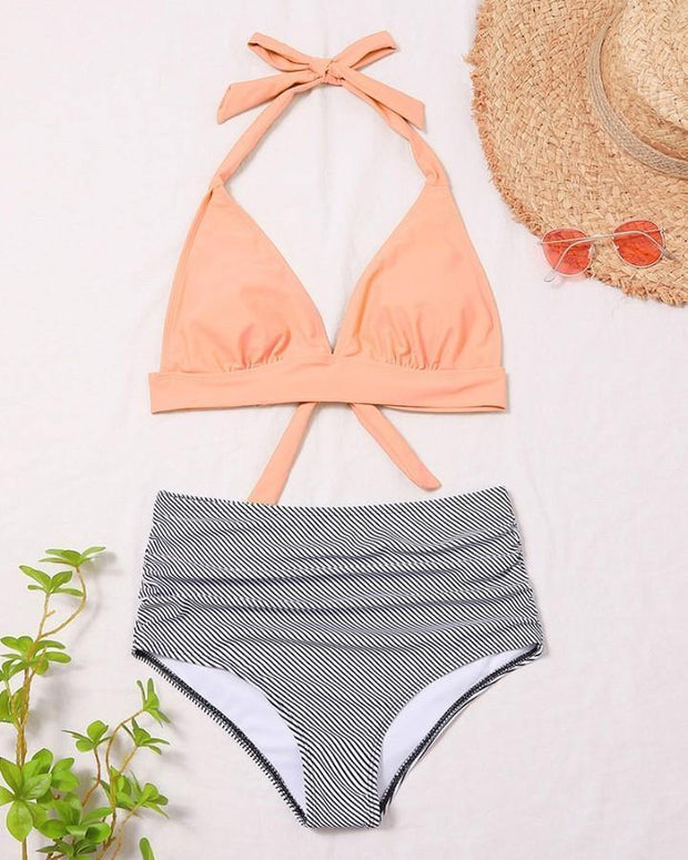 Solid Strappy Tanks With High Waist Panties Bikini Sets - Xmadstore