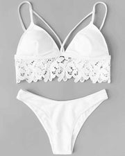 Solid Color Splicing Floral Lace Sling 2-Piece Bikini Sets - Xmadstore