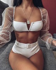Sheer Mesh Long Sleeve Top & Bikini Set - Xmadstore