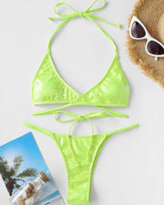 Solid Shiny Strap Bra With Panties Bikini Sets - Xmadstore