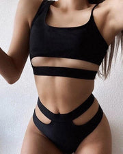 Solid Cut-out Skinny Tanks With Panties Bikini Sets - Xmadstore