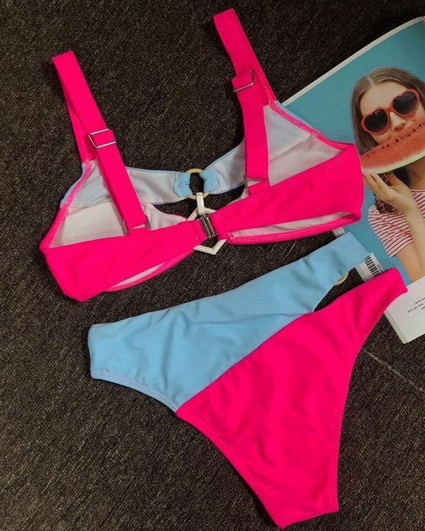 Colorblock Strap Bra Wit Panties Bikini Set - Xmadstore