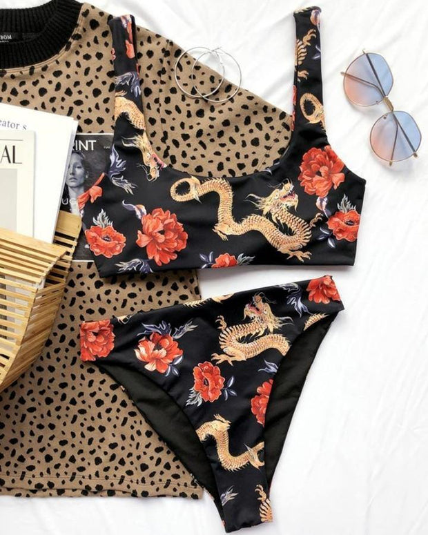 Flower And Dragon Printing Cropped Tanks With Panties Bikini Sets - Xmadstore