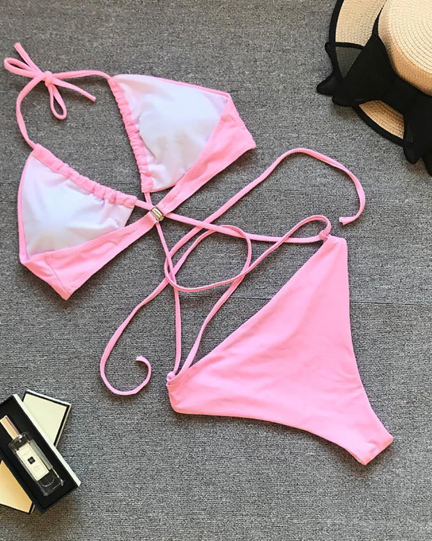 Solid Color Sexy Bandage Bikini Swimsuit - Xmadstore