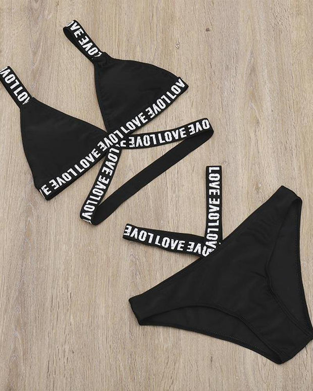 Sexy Letter Print Cut-out Halter Bikini - Xmadstore