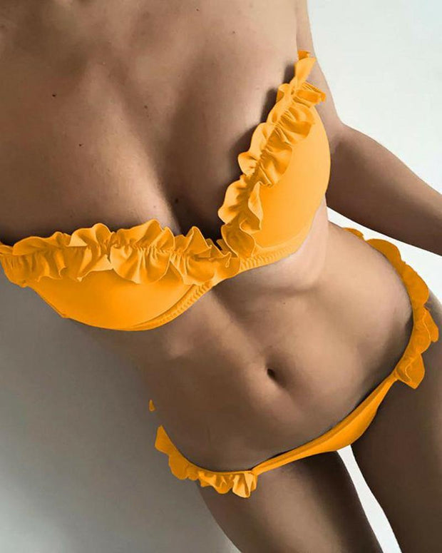 Solid Ruffles Patchwork Bra With Panties Bikini Sets - Xmadstore