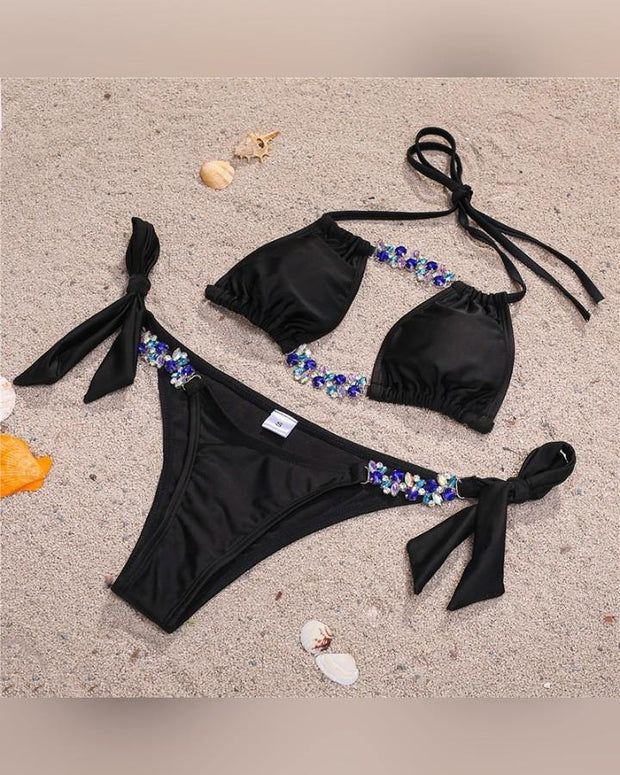 Solid Glitter Strappy Bra With Panties Bikini Sets - Xmadstore
