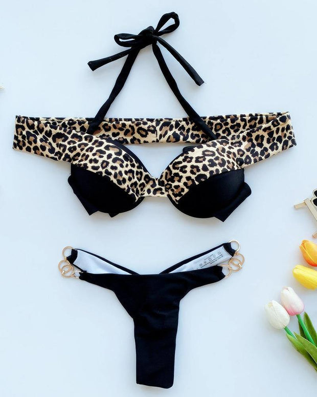 Leopard Patchwork Strap Cut-out Bra With Panties Bikini Sets - Xmadstore