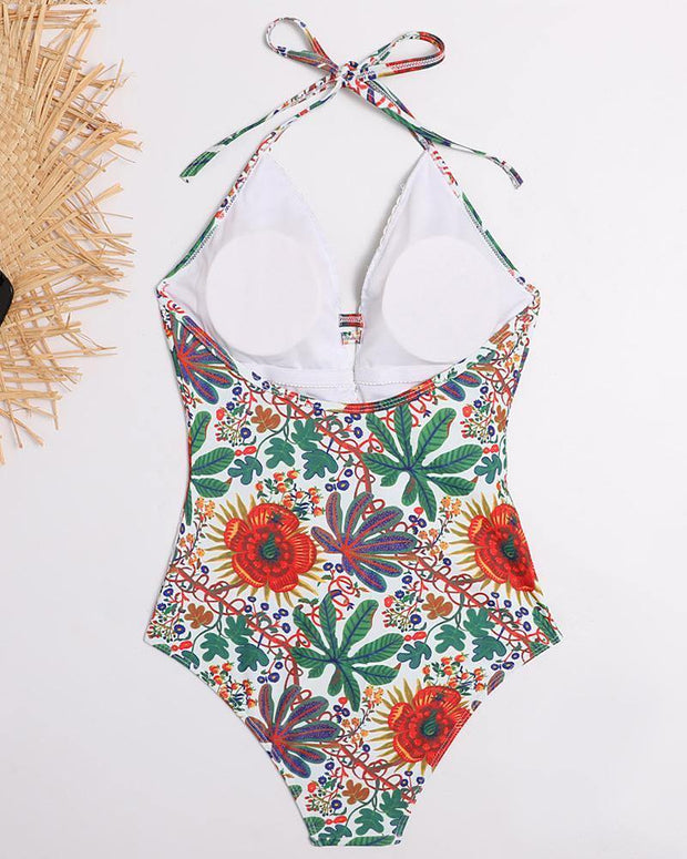 Hawaii Floral Patterns Print Strappy Halter Skinny Bra With Panties Bikini Sets - Xmadstore
