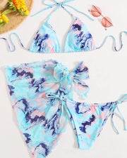 Floral Print Multicolor Print Short Sleeve Cropped Tops With Panties And Apron Bikini Sets - Xmadstore
