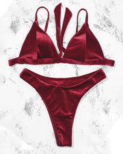 Solid Strappy Velvet Bra With Panties Bikini Sets - Xmadstore