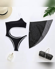 Solid Sleeveless Cut-out One-piece Swimwear And Apron Bikini Sets - Xmadstore