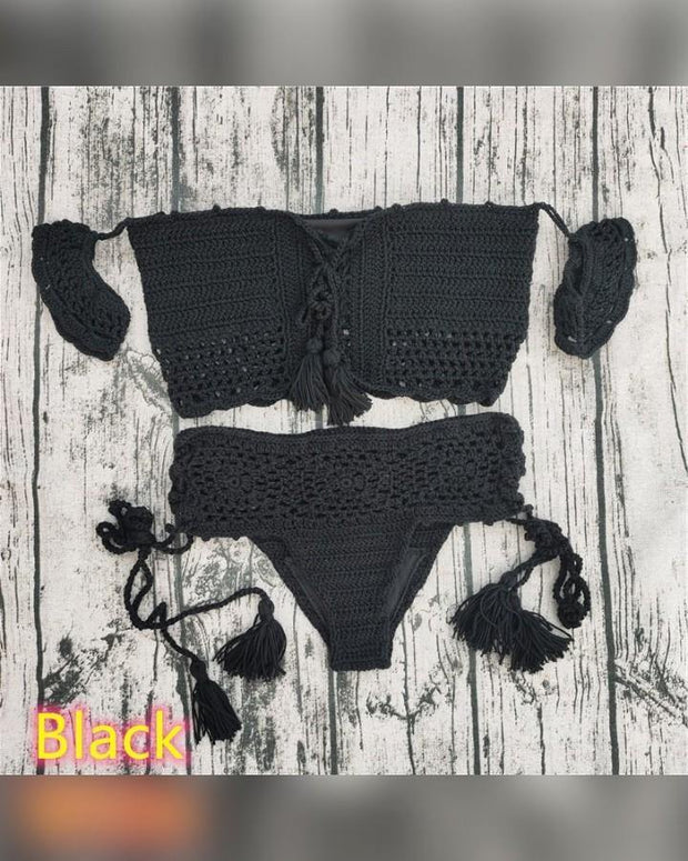 Solid Short Strap Cold Shoulder Bra With Panties Bikini Sets - Xmadstore