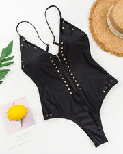 Solid Strap Skinny Cut-out One-piece Swimwear - Xmadstore