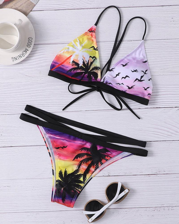 Hawaii Scenery Print Strap Bra With Panties Bikini Sets - Xmadstore