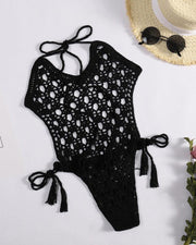 Solid Strap Cut-out Knitted Bikini One-piece Swimwear - Xmadstore