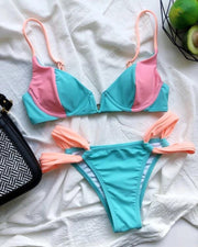 Colorblock Strap Bra With Panties Bikini Sets - Xmadstore