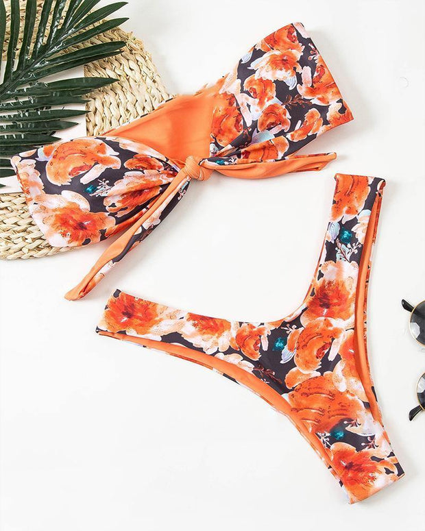 Floral Print Sleeveless Bandeau With Panties Bikini Sets - Xmadstore