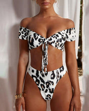 Leopard Short Sleeve Off Shoulder Bra With Panties Bikini Sets - Xmadstore
