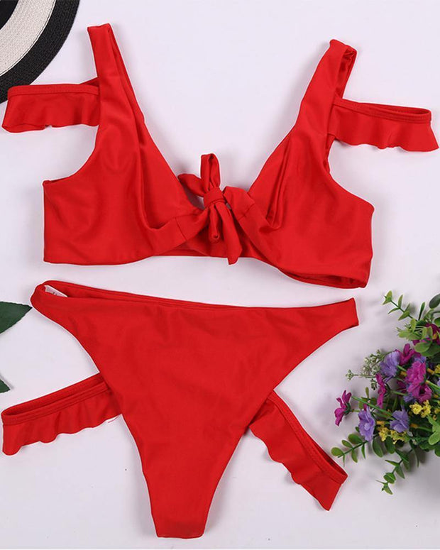 Solid Ruffles Sleeve Bra With Cut-out Panties Bikini Sets - Xmadstore