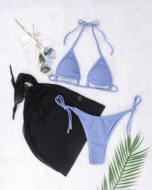 Solid Knitted Bra With Panties And Strappy Beach Apron Bikini Sets - Xmadstore