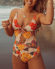 Floral Print Strap Cut-out One-piece Swimwear - Xmadstore