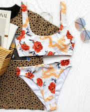 Flower And Dragon Printing Cropped Tanks With Panties Bikini Sets - Xmadstore