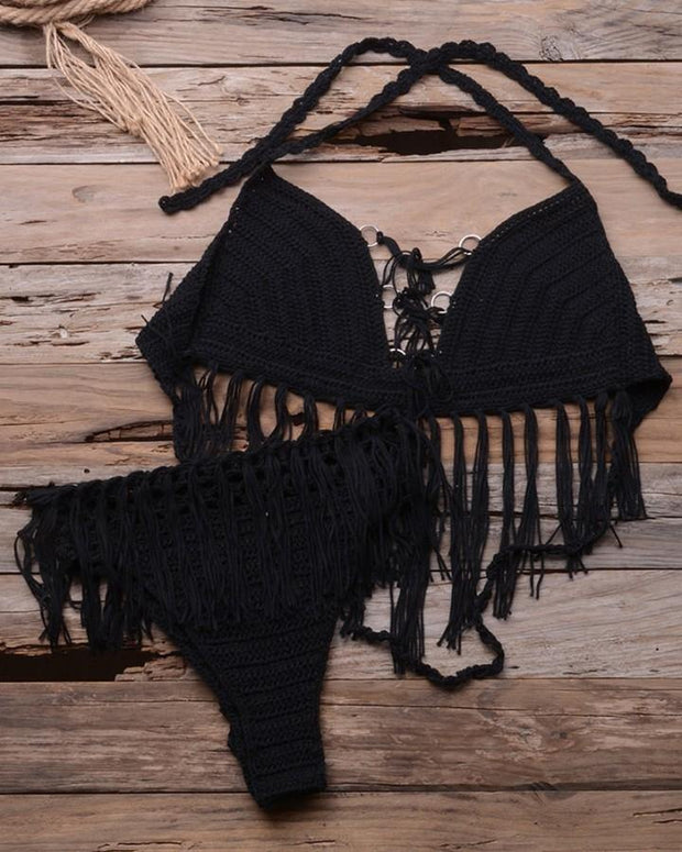 Solid Tassel Strap Bra With Cut-out Panties Sexy Sets - Xmadstore