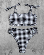 Plaid Strappy Cropped Tanks With High Waist Panties Bikini Sets - Xmadstore
