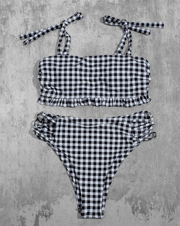 Plaid Strappy Cropped Tanks With High Waist Panties Bikini Sets - Xmadstore