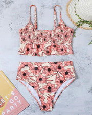 Floral Print Strap Ruffles Tanks With Shorts Skinny Bikini Sets - Xmadstore