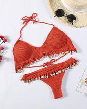 Solid Strap Tassel Patchwork Knitted Strap Bra With Panties Sexy Sets - Xmadstore