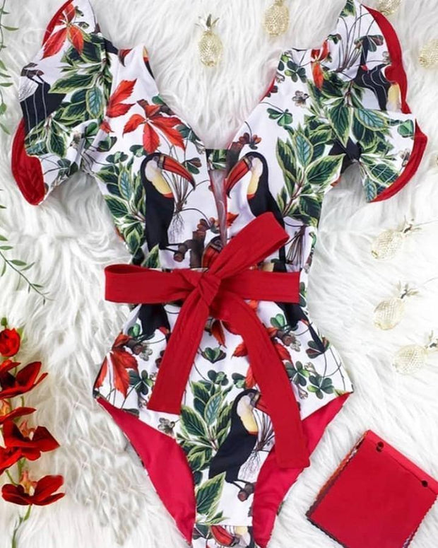 Floral Print Ruffles Short Sleeve Skinny Bowknot  One-piece Swimwear - Xmadstore