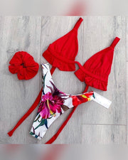 Colorblock Ruffles Bra With Floral Print Panties And Hair Band Bikini Sets - Xmadstore