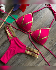 Color Border Patchwork Strap Bra With Panties Bikini Sets - Xmadstore