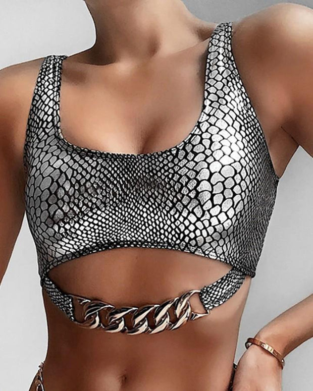 Snakeskin Print Chain Design Bikini Sets - Xmadstore