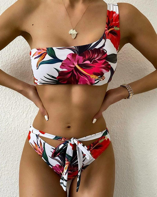 Floral Print One Shoulder Cropped Tanks With Strappy Panties Bikini Sets - Xmadstore